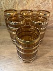 Large Barrel Shaped Glasses  Amber And Gold  Set Of 6  Vintage 70s  80s