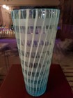 12-1 2  Tall Vase Art Glass Blown Aqua Blue White Swirl Optic Etched Stripes