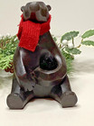 Black Bear W red Scarf Figurine Faux Wood Carved Rustic Cabin Lodge Home Decor