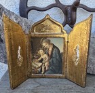 Wood Triptych Raphael Madonna Of The Chair Antique Gold Tole Italy Pic Vintage