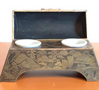 Antique Japanese Meiji Era Bronze Inkwell With Porcelain Inserts 