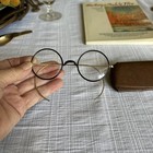 Antique Round Wire Rim Eyeglasses Cable Temples Black Enamel Bifocal Spectacles