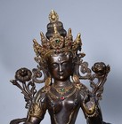 13  Old Ancient Tibetan Buddhism Brass Gilt Gem Inlay Green Tara Buddha Statue