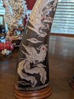Vtg 14  Hand Carved Water Buffalo Horns Pair Asian Dragon   Phoenix Bird Decor