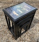 Set 4 Nesting Tables Chinoiserie Black Lacquer Soapstone Carved Figures