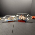 Vintage Pair Ships In Bottles Nautical Maritime Folk Art Wood Stands
