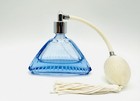 Vintage Art Deco Blue Glass Vanity Set 3pc Perfume Bottle Atomizer Powder Jar