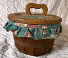 Vintage Bushel Sewing Basket Wooden Flip Top Heart Handle Roses Fabric Liner 11 