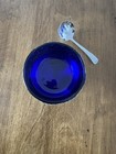 Vintage Cobalt Blue Chrome Pedestal Condiment Dish With Spoon 4   