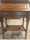 Antique Wooden Secretary Desk W  Carved Drop-front Panel   Brass Gallery Rail