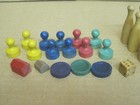 Lot Of 35 Vintage Wooden Game Board Playing Pieces  Tokens  Dice  Bowling Pins  