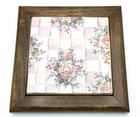 Mackenzie Childs Honeymoon Rose Pink Wood Framed Ceramic 6 In Square Tile Trivet