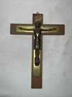 Vintage Wall Antique Crucifix Cross Christ Jesus Wood Brass 1950 Engraved Rare