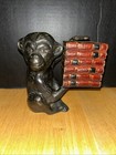 Vintage Bronze   Brass Monkey Holding Wooden Books  Pair Of Bookends  Heavy
