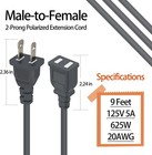2 Prong Polarized Grey Extension Cord 9 Feet Thin Power Cable Male To Female