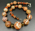 Himalayan Tibetan Antique Etched Decorated Carnelian Agate Beads Necklace Mala