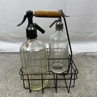Vtg E Rowlands Ballarat   Schweppes Seltzer Soda Syphon Bottles   Metal Carrier