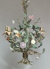 Antique Italian Florentine Tole Chandelier Ceiling Light Porcelain Flowers Vtg