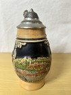 German Lidded Beer Stein  Black W  Pewter Hinged Lid  Heidelberg Scene 7 In