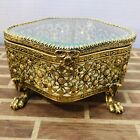 Vintage Filigree Ormolu Gold Gilt Casket Jewelry Box Lion Feet Beveled Glass