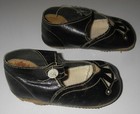 Antique Victorian Edwardian Baby Child   s Doll Black Leather Button Strap Shoes