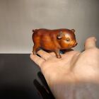 Vintage Carved Wood Wooden Pig Statue Pet Mini-musk Swine Gift Boxwood Room Art