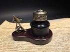 Antique Style Inkwell Bottle With Metal Pen Holder Wood Base 1 5 Oz Black Ink