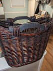 Vintage Structured Wicker Basket With Wooden Handles Black Brown Weave