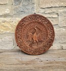 19th C  Colonial Anglo-indian Hand-carved Teak Wood Dancing Peacock Disc Panel 
