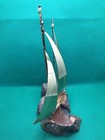 Vtg Brass Sailboat Sculpture On Burl Wood Base     Signed Yosi     Nautical Art 10   