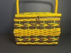 Vintage Sears Yellow   Brown Woven Wicker Hinged Lid Sewing Basket Box W  Handle