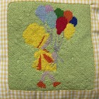 Vtg 10    Needlepoint Pillow Girl With Balloons Yellow Gingham Hand Made Decor 
