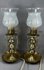 Vintage Pair Brass Boudoir Lamps Crystal Prisms Glass Shades