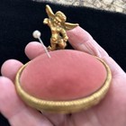Pin Cushion With Gold Tone Angel Base  Red Velvet  Footed  Vintage