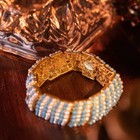 Vintage Blue Pearl Jewelry Set Statement Necklace Bracelet Earrings Gold