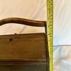 Vintage Wooden Sewing Box Basket 2 Hinged Door Lids Carrying Handle Spool Ledge