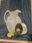 Vintage Original Oil Painting Still Life Pitcher And Fruit Signed By Artist