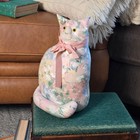 Vintage Cat Shelf Sitter 80s Stuffed Floral Pink Plush Fabric Cottagecore Decor