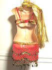 Belly Dance 4 Pc Red Gold Costume- Bra 36 C d  Long   Coin Hip Scarf    Necklace