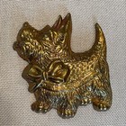 Original Vintage 1930s 40s Metal Brooch Pin Scottie Dog With Bow Gold Tone Large
