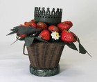 Vintage Metal Strawberry Basket Single Candle Holder Leaves Marble Base Figural