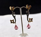 Natural Pink Tourmaline Pear Diamond 18k Gold 925 Silver Victorian Fine Earring