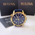Bulova Men Marine Star 97b168 Blue Dial gold Accents Quartz Silicone Watch 43mm