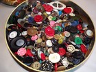 Vtg Flower   Candle Tin Of Mixed Buttons And Sewing Notions