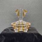 Vintage Amber Accents Cut Glass Lidded Powder trinket Dish Deco Style Vanity Pie