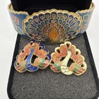 Vintage Cloisonn   Boho Craft Jewelry Set Peacock Bracelet   Earrings Handmade