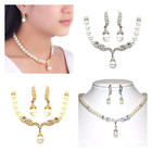 Silver Gold Crystal And Pearl Sparkling Rhinestone Wedding Necklace Earring Set