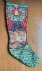 Vtg Needlepoint Christmas Cat Stocking Velvet Back Cozy Kitten Wreath Holiday