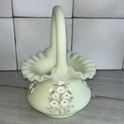 Vtg Fenton Custard Ruffled Uranium Vaseline Glass Basket Signed Hand Painted