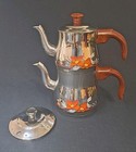 Turkish Inter Double Teapot Caydanlik Stainless Steel Floral Bakelite Handles